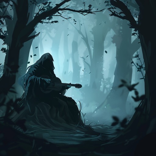 A ghostly minstrel wanders through shadowy landscapes, his eerie ballad woven with haunting lute melodies capturing the essence of an ancient, unsettling tale.