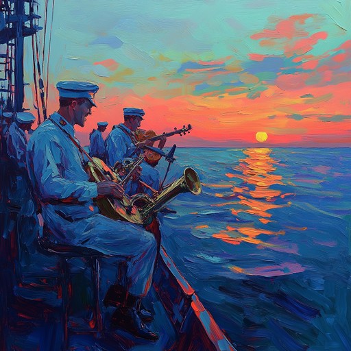 An energetic instrumental track that fuses traditional russian folk elements with lively maritime rhythms, illustrating the happiness and freedom of sailors aboard ship, basking in the sun and the joy of the open sea.