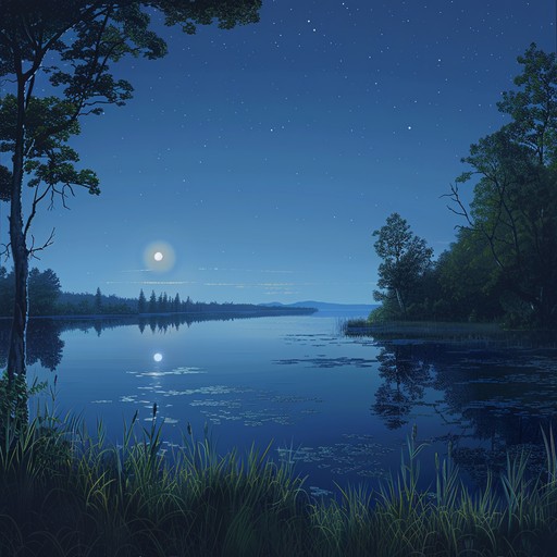 Soft guitar strums and gentle synth pads create a soothing lofi soundscape, ideal for late night reflection and peaceful moments. This track invokes tranquil moonlit scenes at an isolated lakeside, providing a relaxing auditory experience for introspection.