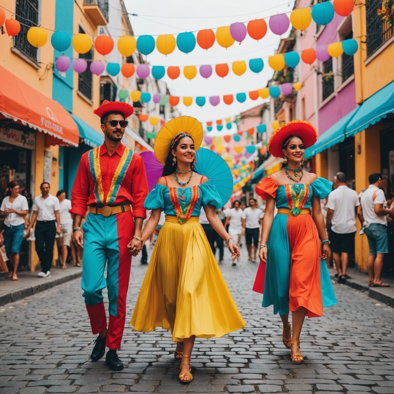 A vibrant and festive composition that captures the essence of a bustling latin plaza during a celebration. Intricate rhythms blend with fiery melodies to create an atmosphere of joy and exuberance. Perfect for scenes of dance and festivity.