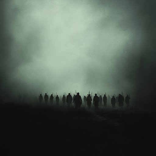 A dark and ominous instrumental track that evokes the unsettling march of ghostly soldiers through a mist shrouded battlefield, combining unsettling percussion with haunting melodies to create a sense of creeping dread.