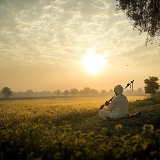 An instrumental serene bhangra piece featuring traditional punjabi instruments weaving soothing rhythms and gentle melodies, evoking the tranquility of golden fields at dawn.