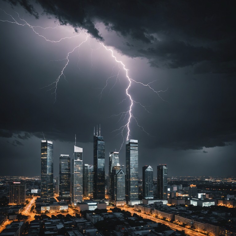 This track blends the grandiosity of symphonic arrangements with the edgy grit of rock music, creating a thundering soundscape that depicts a storm brewing over abandoned, silent cities. Combining classical instrumentals with electric vitality, the composition starts with a suspenseful, soft string section, escalating to powerful guitar riffs and heavy drumming, capturing the fury of a tempest and the eerie calm of desolate urban landscapes.