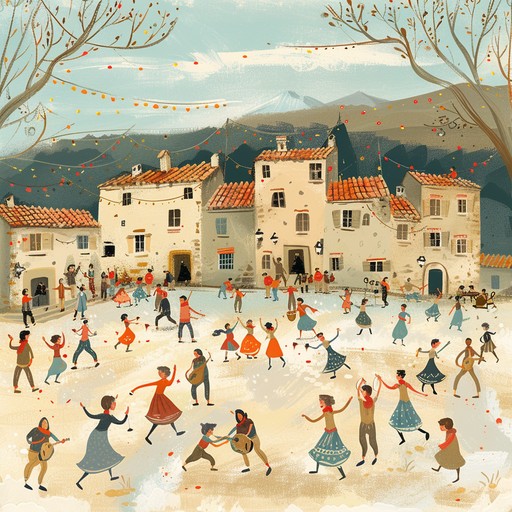 Picture a cheerful village festival with people dancing and enjoying themselves to the soothing strums of a lute. The troubadour's music spreads happiness all around, making the festive atmosphere even more vibrant.