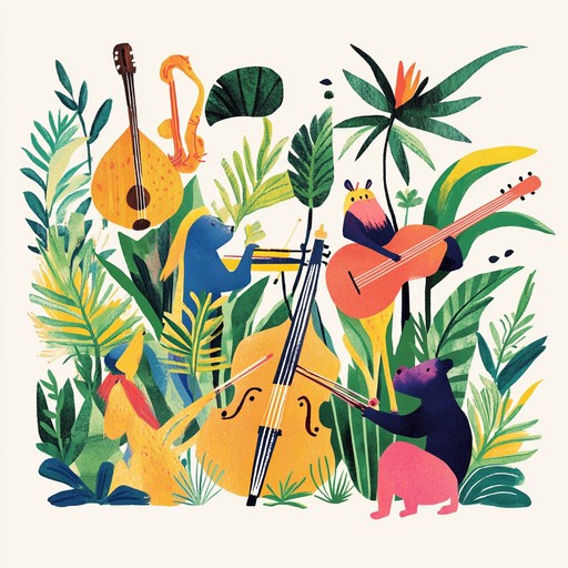 A cheerful, instrumental song that captures the feeling of exploring a hot and humid jungle, with lively melodies suitable for children.