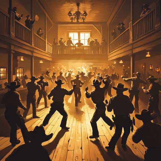 Imagine a lively dance in a wild west town, the saloon doors swinging open as cowboys and settlers alike join in a jubilant festivity. The atmosphere is charged with excitement and overflowing with rustic charm. Bright, uplifting melodies spark movement, while galloping rhythms mimic the thrill of riding across uncharted plains. Authentic western instrumentation highlights the vibrant, communal spirit of a bygone era.