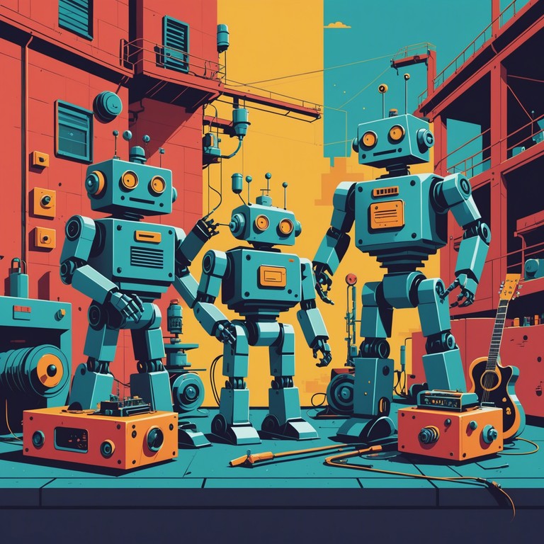 Imagine a factory where robots have taken a break to groove. The music features mechanical sounds blended with high energy rock elements, creating a playful yet intense environment. This track mixes the methodical precision of production machinery with the unpredictability of rock, resulting in a sonic experience that's both immersive and innovative.