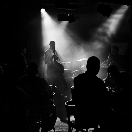 A smokey, low light jazz club feels the tension in the air as droning upright bass lines weave with haunting piano motifs. Undertones of dissonant saxophone melodies create a spine chilling atmosphere, like shadows dancing on the walls. The piece progresses with a sense of foreboding suspense, edging closer to the unknown.