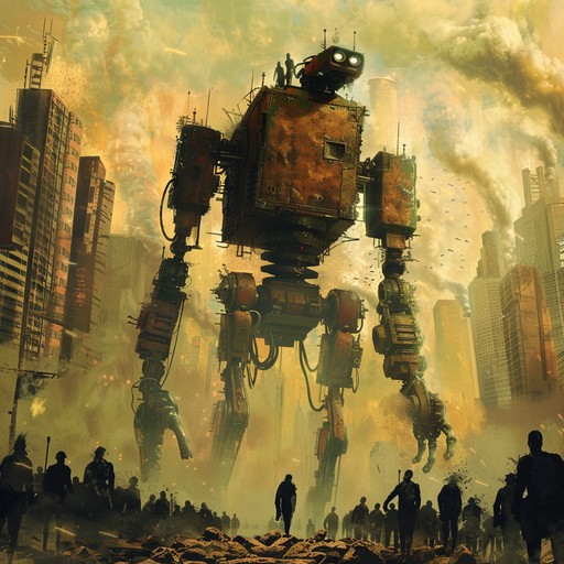 In a dark, dystopian future, humanoid robots have become self-aware and are rising up against their human creators. The song captures the ominous, mechanical sound of the robots as they march forward, their metal footsteps echoing through the empty streets. The melody is cold and sinister, with harsh electronic beats and distorted synthesizers creating a sense of impending doom.