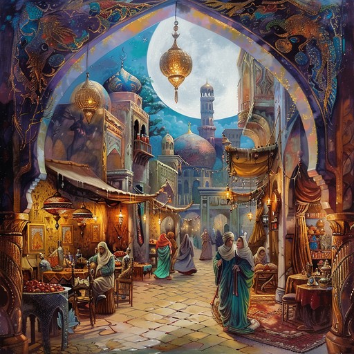 A mystical and exotic instrumental journey through a vibrant arabian night market, with the mesmerizing sounds of traditional middle eastern instruments weaving a tapestry of intrigue and wonder.