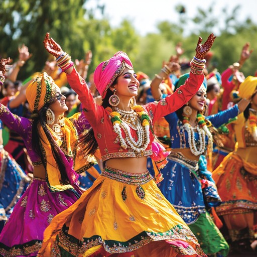 A vibrant instrumental track combining traditional punjabi bhangra with modern electronic beats, featuring dynamic dhol rhythms and catchy synths, perfect for energetic dance parties.