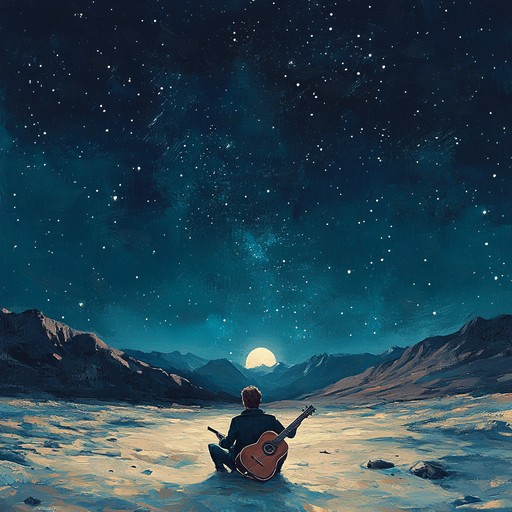 An ethereal guitar composition that imagines a serene exploration of mystical lunar landscapes, incorporating sparse plucking techniques that echo like whispers beneath a moonscape, inspiring a surreal sense of solitude and wonder.