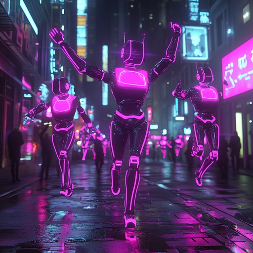 A groovy instrumental featuring funky basslines, electronic synths, and robotic effects, creating a vibrant neon atmosphere reminiscent of a futuristic dance floor.