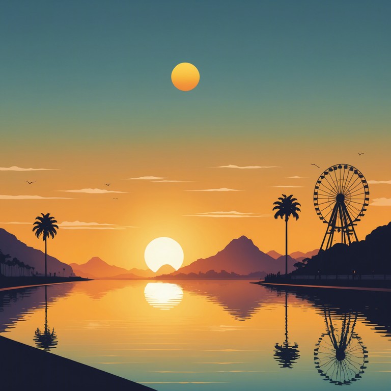An alternative description emphasizes the serene beauty of a samba that melds joy with the stately ambience of a rio carnival at dusk, focusing on the fluidity and grace of the dancers and setting sun.