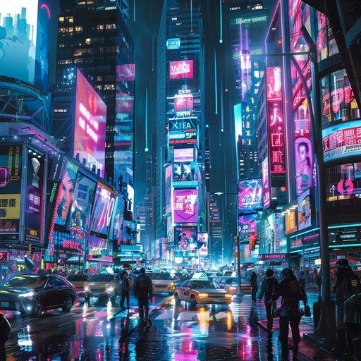 A vibrant, high energy cyber punk track featuring pulsing synth leads, driving beats, and infectious melodies. Designed to evoke a sense of joy and futuristic excitement in a bustling neon lit cityscape.