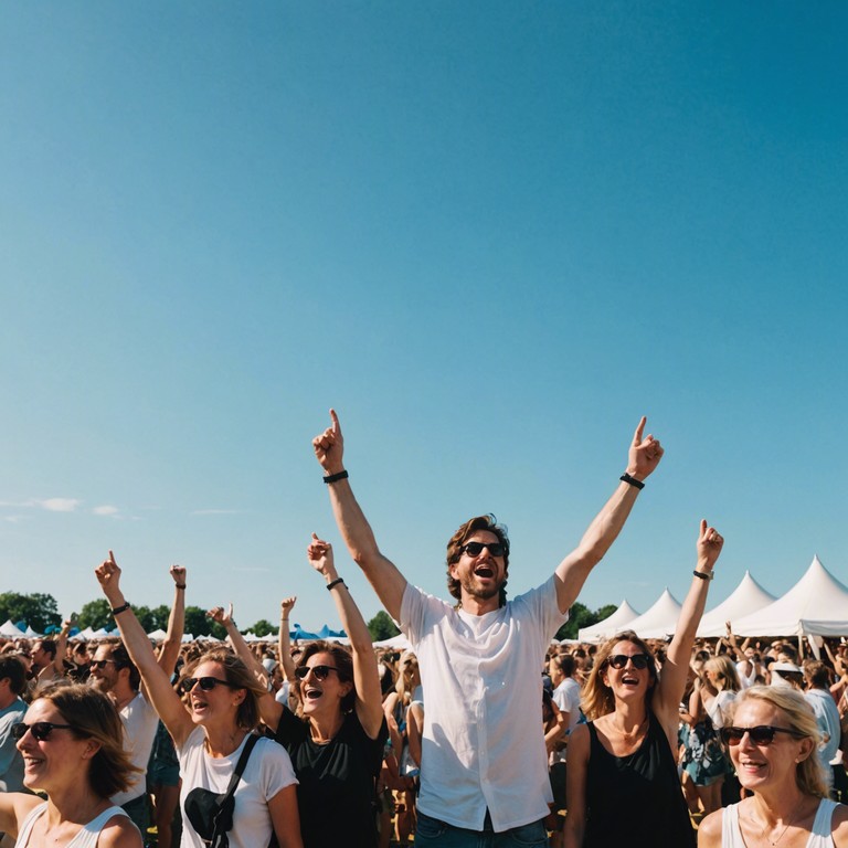 Imagine a festival on a bright day, everyone dancing happily to the beats of drum n bass, where each drum kick and synth wave lifts spirits and encourages smiles.