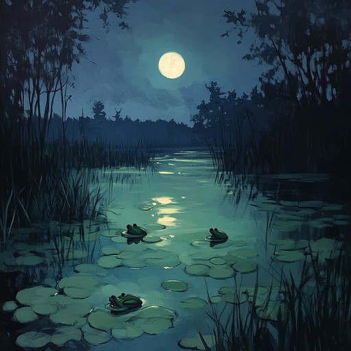 A quirky instrumental dub track featuring playful frog sounds amidst deep basslines and echoing rhythms, conjuring an enchanting night in a magical swamp.