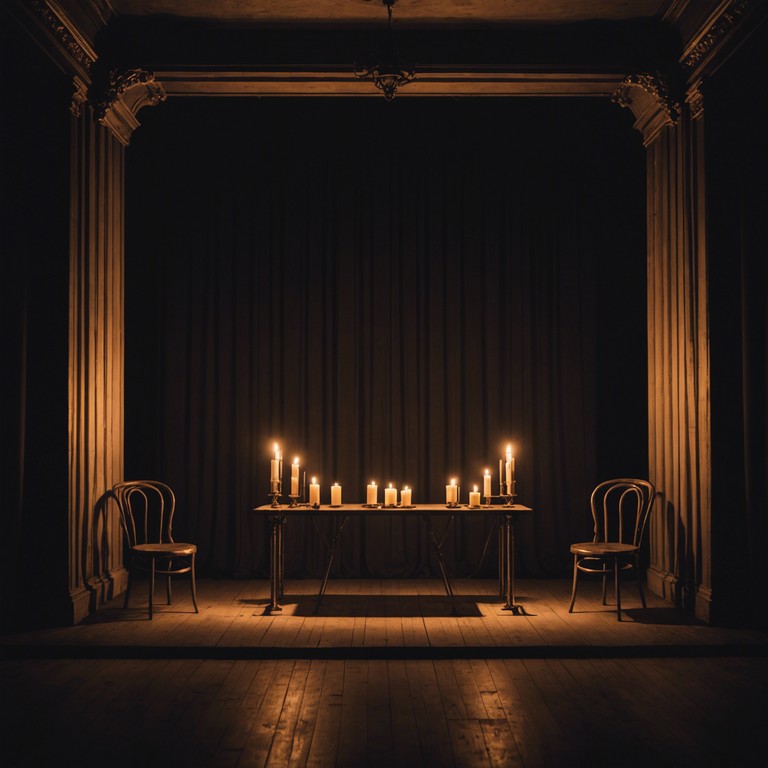 A song that evokes an eerie atmosphere, resembling a dimly lit cabaret venue where soft whispers and faint echoes create a sense of foreboding mystery. The resonant tones of an accordion blend with deep, velvety bass notes, crafting a soundscape filled with enigmatic charm and dark allure. This piece transports the listener to an old world theater, where ghostly performers rehearse forgotten acts under the shadow of dusty curtains.