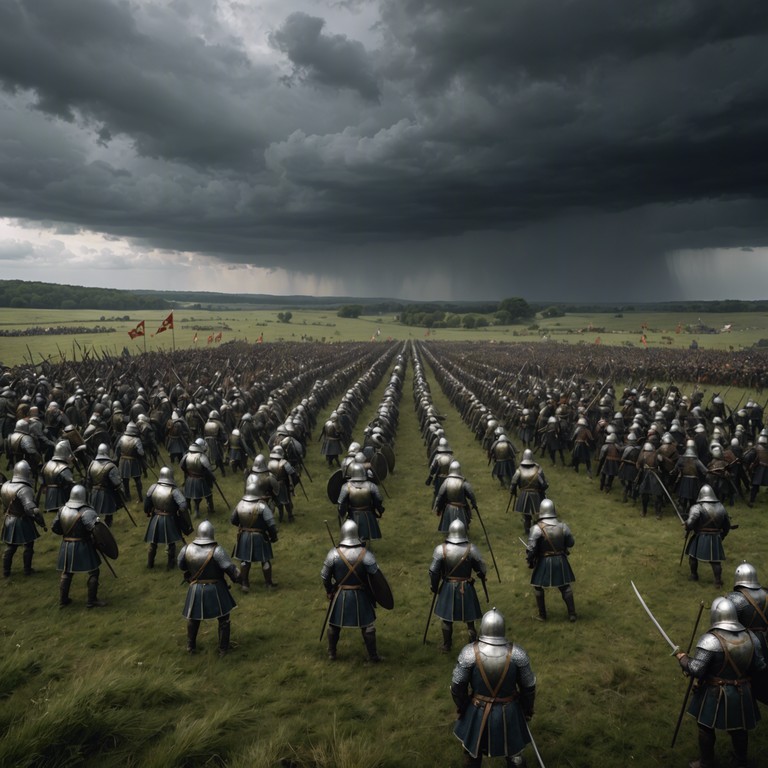 This composition channels the powerful essence of ancient military marches within the context of invoking images of vast armies traversing rugged terrains and embattled landscapes. Featuring martial rhythms and a commanding vibe, it's tailored to embody the spirit and discipline of historical warriors, creating an immersive audio experience resembling a cinematic portrayal of historic battles.