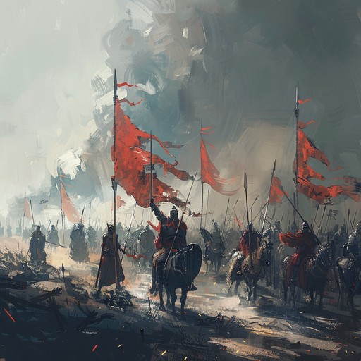 A motivational and grandiose orchestral track painting a vivid picture of warriors charging through epic battles, their strength and determination pushing them towards a decisive and heroic victory. The composition's majestic and powerful thematic elements drive a sense of awe and inspiration.