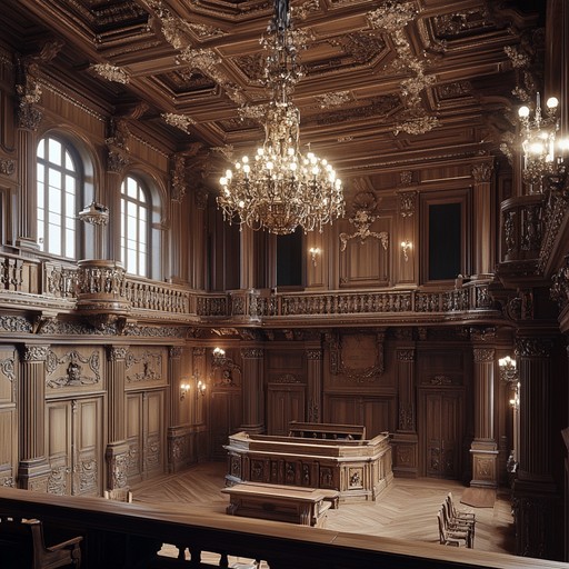 A suspenseful and dramatic instrumental piece evoking the tension and intrigue of a courtroom within a baroque era noble court, full of legal manoeuvres and high stakes.