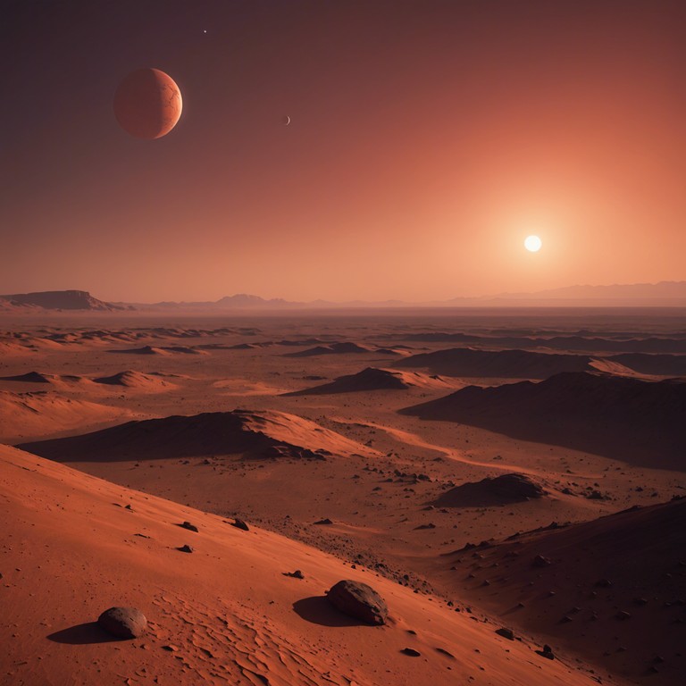 Imagine a surreal landscape where the tranquil serenity of a martian sunset is depicted through lush, floating synth waves that cascade over gentle cosmic winds. The track serves as a sonic bridge between the familiar earthy allure of a sunset and the eerie, peculiar quietude of an alien world.