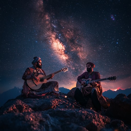 This instrumental composition features an interactive dialogue between sitar and electric guitar, masterfully merging raga traditions with rock's driving force. As the layers build, the listener is drawn into an auditory voyage across the stars.