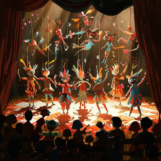 A playful, energetic piece featuring a whimsical tune with a distinct latin flair. It evokes the image of colorful dancing dolls performing on stage, captivating an audience with their synchronicity and vibrant costumes