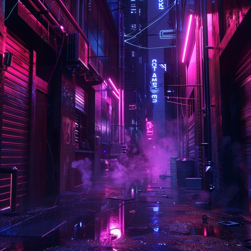 A cyberpunk track with haunting synths and glitchy beats, creating an ominous atmosphere perfect for a futuristic urban setting filled with shadows and intrigue.