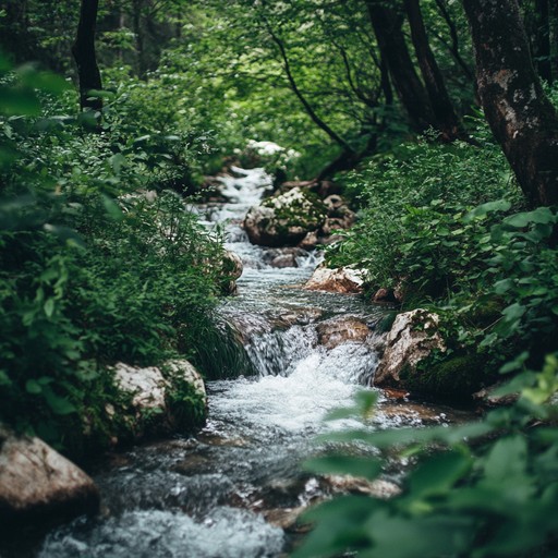 A relaxing instrumental evoking a journey through serene mountain streams, featuring delicate melodies, ambient nature sounds, and smooth transitions for a tranquil experience