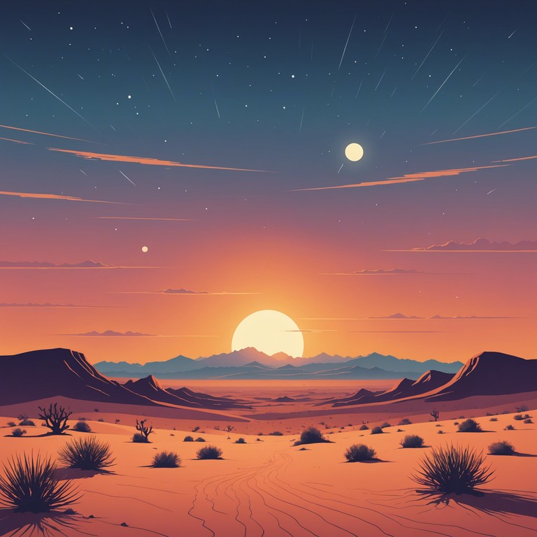 Imagine a tranquil track where soft guitar strings weave intricate melodies, encapsulating the essence of a serene night in the american west. The music carries the immense calm of the desert at dusk, filling the air with a soothing, melodic embrace that evokes feelings of freedom and peace.