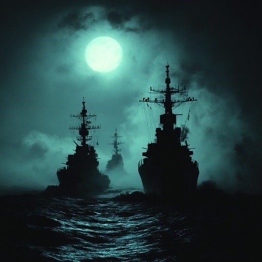 An ominous instrumental piece reflecting the hidden movements of a powerful navy through murky waters, combining deep brass and haunting melodies to evoke secrecy and strength