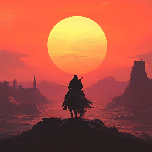 Embark on an adventurous journey alongside a brave wanderer maneuvering the untameable deserts of the wild west. The acoustic guitar strings form a melodic path layered with looming dangers and heroic undertones. As sun rays fade over expansive horizons, the music builds a powerful narrative of triumph against all odds