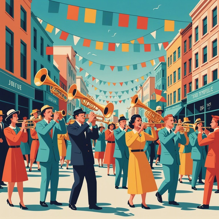 This instrumental piece uses festive beats and victorious brass sounds to convey the feeling of success and communal celebration after a significant achievement. The music is energetic with an underpinning of joy and pride, designed to elevate the spirits of anyone who listens. The song develops with an increasing sense of grandeur, culminating in a powerful, uplifting finale.