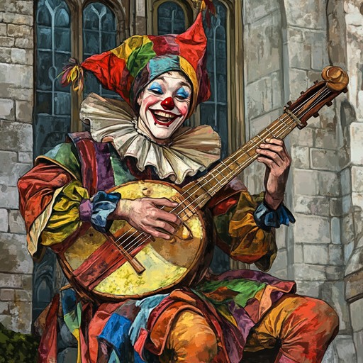 An upbeat, playful melody that captures the spirit of a jester entertaining the royal court, blending traditional folk instruments to create a sense of merriment and mischief.