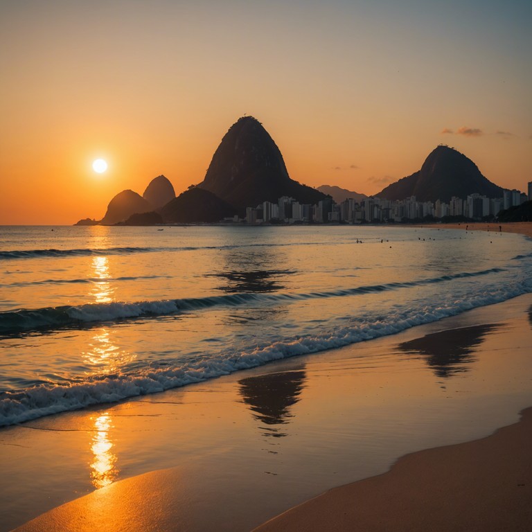 Imagine a serene sunset by rio's iconic beaches, where the gentle sounds of the sea perfectly complement a rich bossa nova tune. A mellow guitar weaves through an energetic rhythm, capturing the soul of the city in musical form.