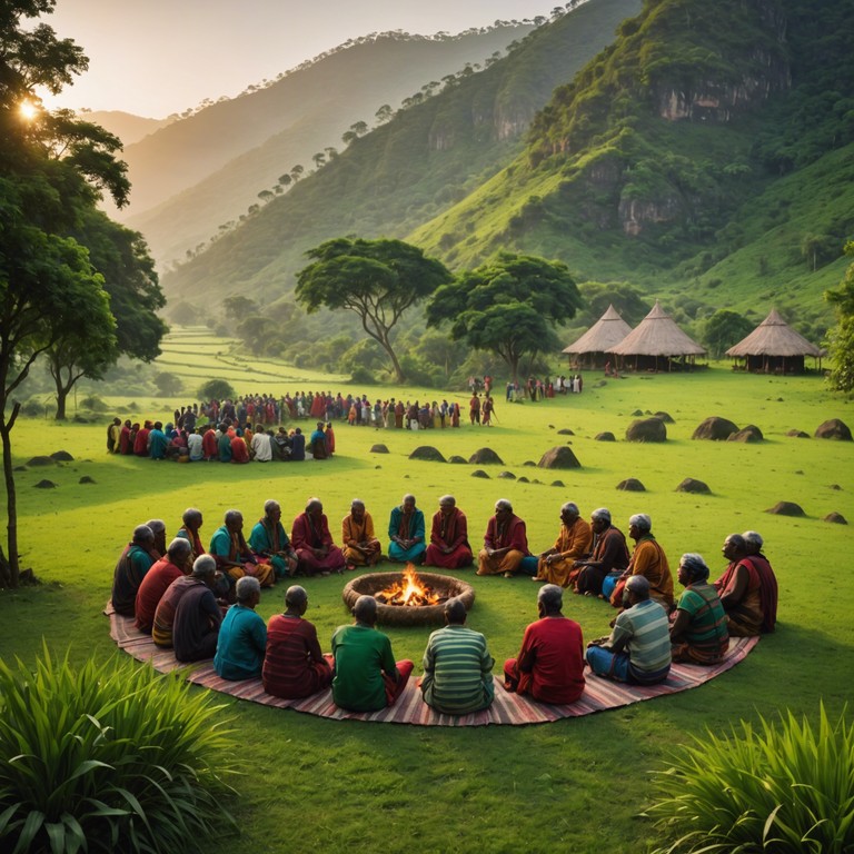 As the sun peeks over the horizon, vibrant sounds fill the air, capturing the essence of new beginnings and communal celebration. The music is layered with rhythms that evoke a sense of connection to the earth and each other, promoting a feeling of happiness and communal unity.