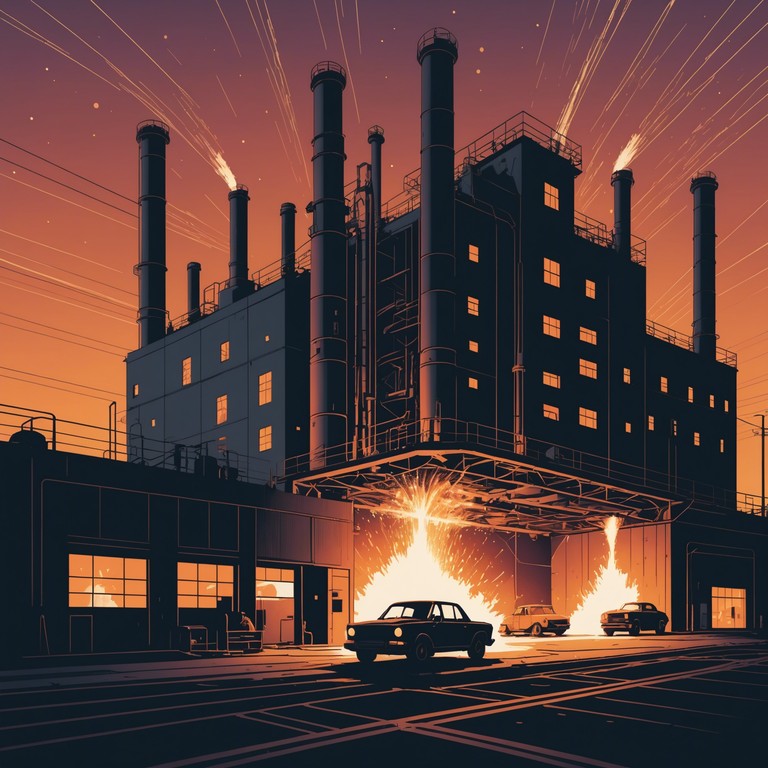 This track layers gritty, industrial sounds over energetic rock rhythms, creating an intense listening experience that's both raw and polished. Electric guitars meet synthesized machines in a musical showdown that evokes the inside of a bustling factory.