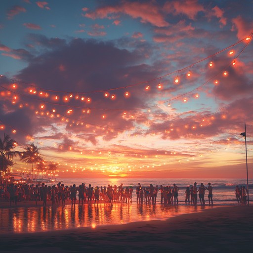 Visualize a bustling holiday gathering on a tropical shore, as the golden sun dips into the ocean. Steel drums play an infectious rhythm that gets everyone dancing. Laughter, excitement, and festive energy abound, making for an unforgettable beachside christmas celebration.