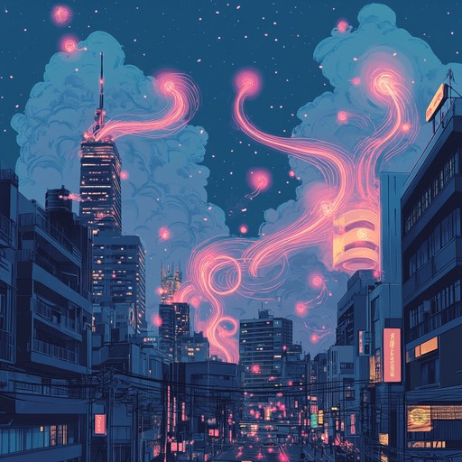 An energetic instrumental blending vibrant synth melodies with traditional japanese koto, creating a playful and uplifting atmosphere reminiscent of fireflies dancing under neon lights.