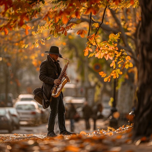 A melancholic yet warm jazz piece, with a soulful saxophone leading the melody, evoking the golden days of autumn and the gentle fall of leaves, creating a deeply sentimental and reflective atmosphere.