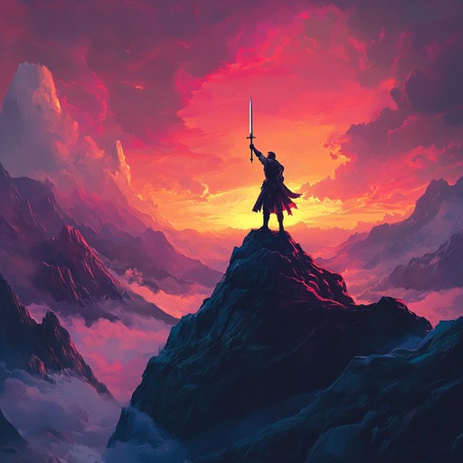 This composition embodies the spirit of a mythic quest across mystical lands, evoking images of valiant warriors and majestic landscapes. The powerful themes resonate with courage and resolve, perfect for illustrating battles and triumphs in a hero's journey.