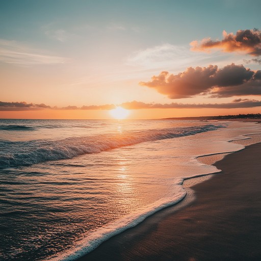 Imagine yourself on a serene beach during sunset, with the gentle sound of waves lapping the shore. The melody is soft and soothing, blending acoustic guitar and gentle ocean sounds to create a peaceful, relaxing atmosphere.