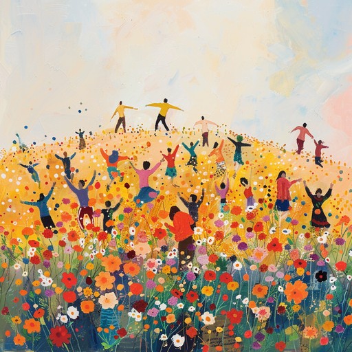 Paint a sonorous picture of a lively festive celebration in a sunlit meadow, using vibrant and lively melodies to elevate spirits. Imagine an array of flowers blooming under the warm sun, while cheerful sounds fill the air, bringing happiness and light heartedness to all who listen.