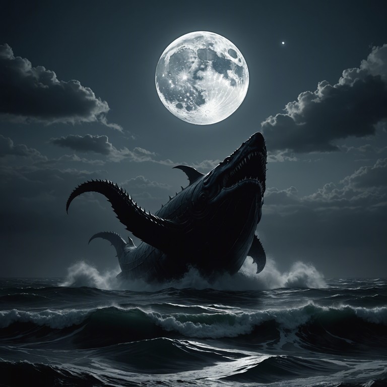 A symphonic blend of orchestral elements with intense deathcore beats, encapsulating the mythical awakening of a sea monster. The soundscape creates a terrifying yet majestic atmosphere as the leviathan rises from the ocean depths, signaled by ominous orchestral sequences fused with heavy guitar riffs.