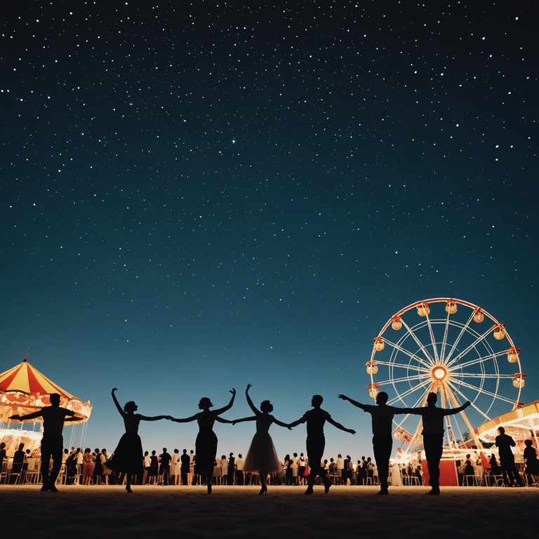 A musical representation of a joyous night during a brazilian festival, where the beats of the samba and the charisma of the dancers create a memorable, exuberant atmosphere.