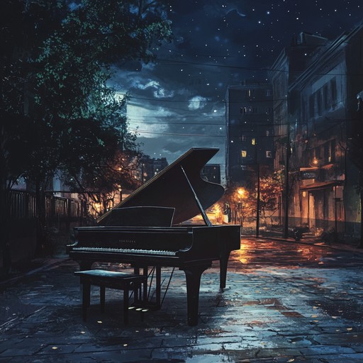 Dive deep into a lonely midnight city captured through melancholic piano melodies and haunting ambient urban night recordings, creating an introspective and reflective atmosphere