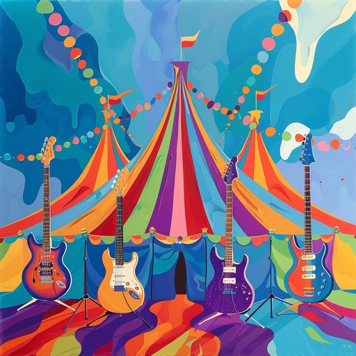 A high energy hard rock track imbued with the whimsical charm and playful elements of a circus. Imagine powerful guitar riffs intertwining with the sounds of a carnival, bringing a sense of energetic fun and fantastical storytelling to life. This piece is ideal for situations requiring a unique, bold, and adventurous vibe. It melds the intensity of hard rock with the cheerful, unpredictable atmosphere of a magical circus show