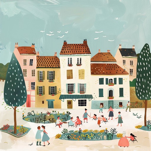 Sunny and heartening soundtrack using acoustic guitar to portray a small village’s daily summer life, encapsulating its serene beauty, delightful simplicity, and community spirit.