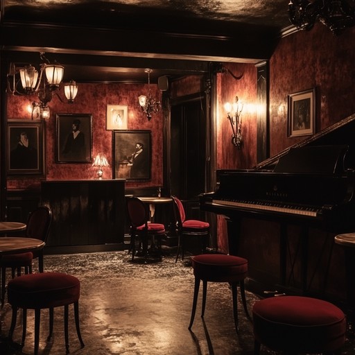 A joyful song drawing from old school cabaret vibes, perfect for evoking timeless elegance. Ethereal piano melodies guide listeners through a gentle, glamorous night at a 1920s parisian cabaret, evoking images of dimly lit venues and soft, whispering laughs